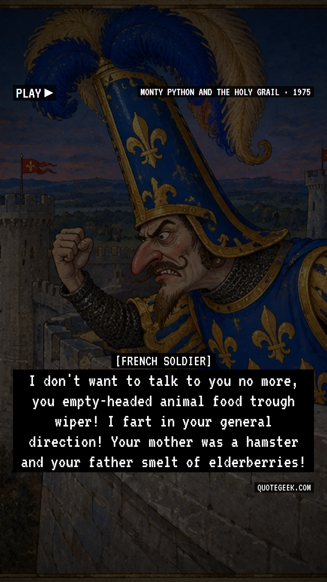 “I don't want to talk to you no more, you empty-headed animal food trough wiper! I fart in your general direction! Your mother was a hamster and your father smelt of elderberries!” — French Soldier · Monty Python and the Holy Grail. Illustrated QuoteGeek card.