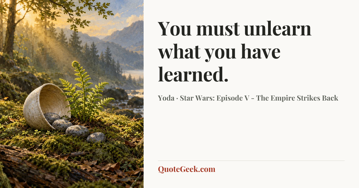 “You must unlearn what you have learned.” — Yoda · Star Wars: Episode V - The Empire Strikes Back. Illustrated QuoteGeek card.