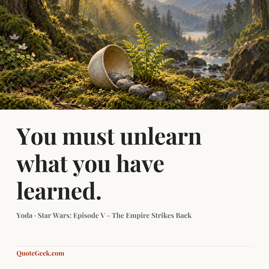 “You must unlearn what you have learned.” — Yoda · Star Wars: Episode V - The Empire Strikes Back. Illustrated QuoteGeek card.