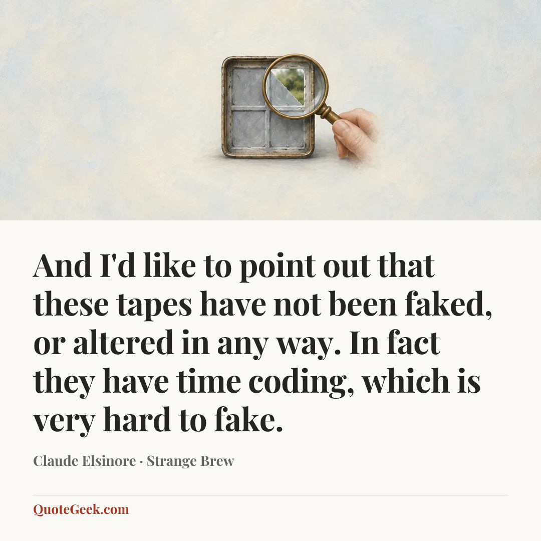 “And I'd like to point out that these tapes have not been faked, or altered in any way. In fact they have time coding, which is very hard to fake.” — Claude Elsinore · Strange Brew. Illustrated QuoteGeek card.