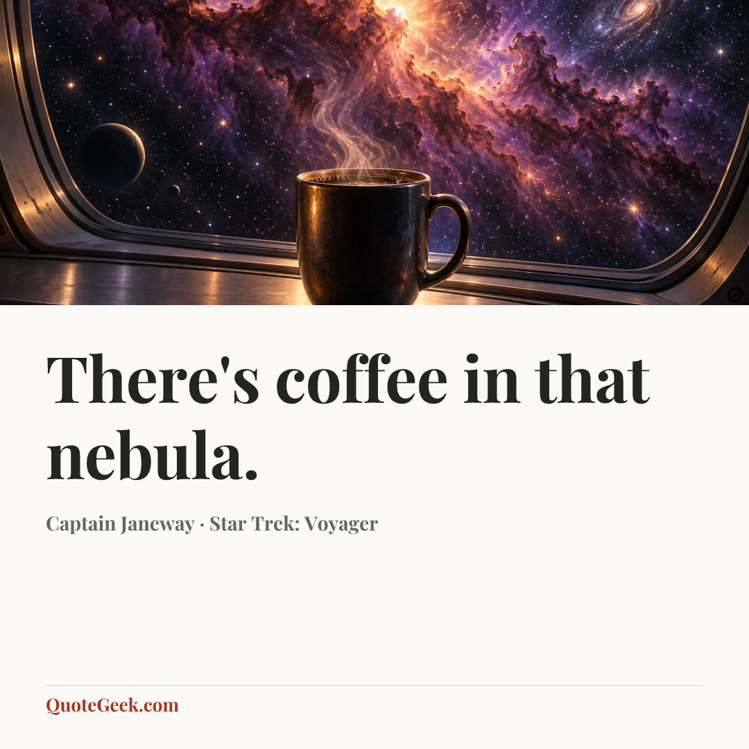 “There's coffee in that nebula.” — Captain Janeway · Star Trek: Voyager. Illustrated QuoteGeek card.