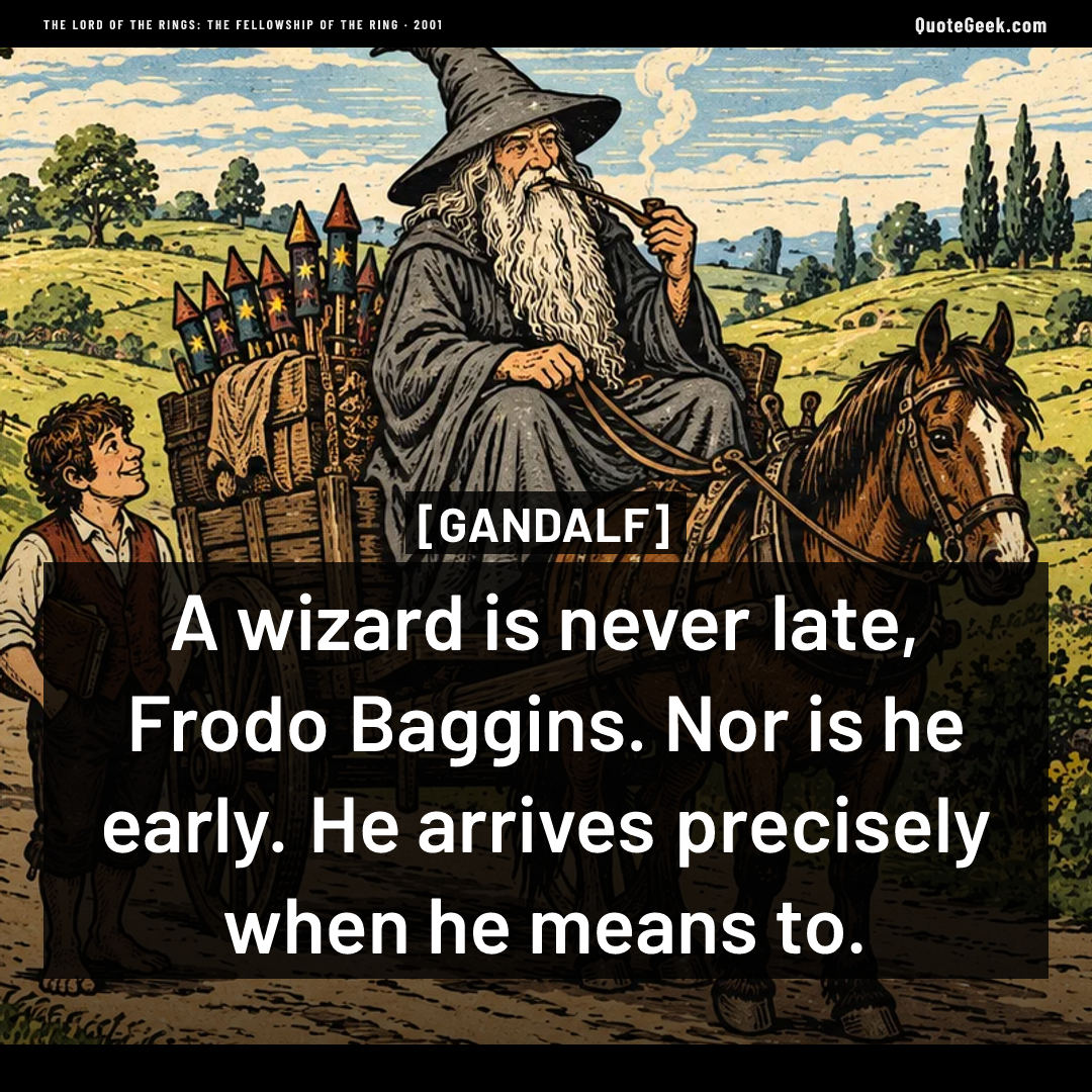 “A wizard is never late, Frodo Baggins. Nor is he early. He arrives precisely when he means to.” — Gandalf · The Lord of the Rings: The Fellowship of the Ring. Illustrated QuoteGeek card.