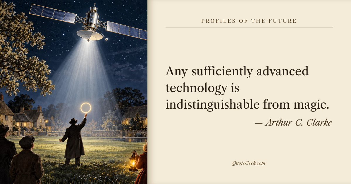 “Any sufficiently advanced technology is indistinguishable from magic.” — Arthur C. Clarke · Profiles of the Future. Illustrated QuoteGeek card.