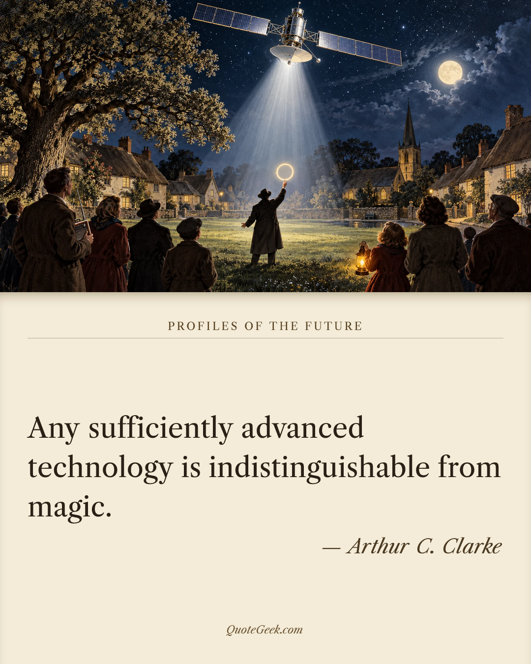 “Any sufficiently advanced technology is indistinguishable from magic.” — Arthur C. Clarke · Profiles of the Future. Illustrated QuoteGeek card.
