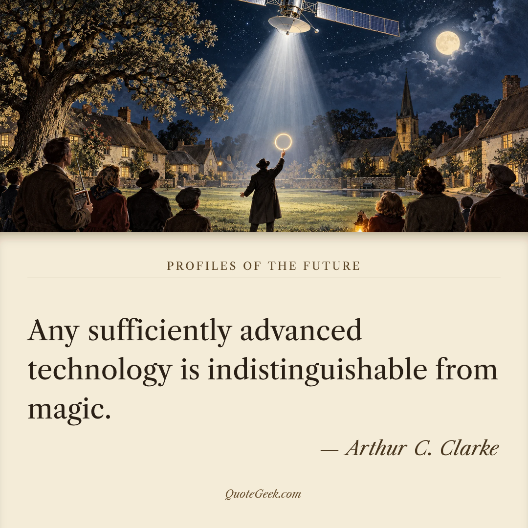 “Any sufficiently advanced technology is indistinguishable from magic.” — Arthur C. Clarke · Profiles of the Future. Illustrated QuoteGeek card.