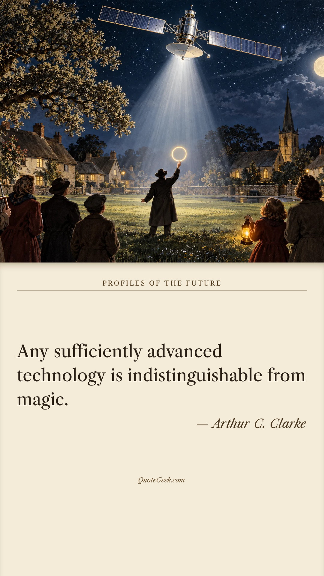 “Any sufficiently advanced technology is indistinguishable from magic.” — Arthur C. Clarke · Profiles of the Future. Illustrated QuoteGeek card.