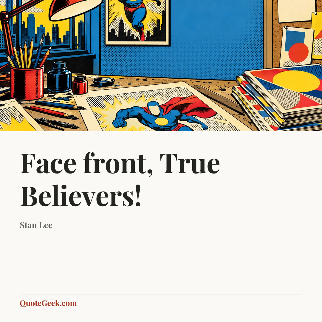 “Face front, True Believers!” — Stan Lee. Illustrated QuoteGeek card.