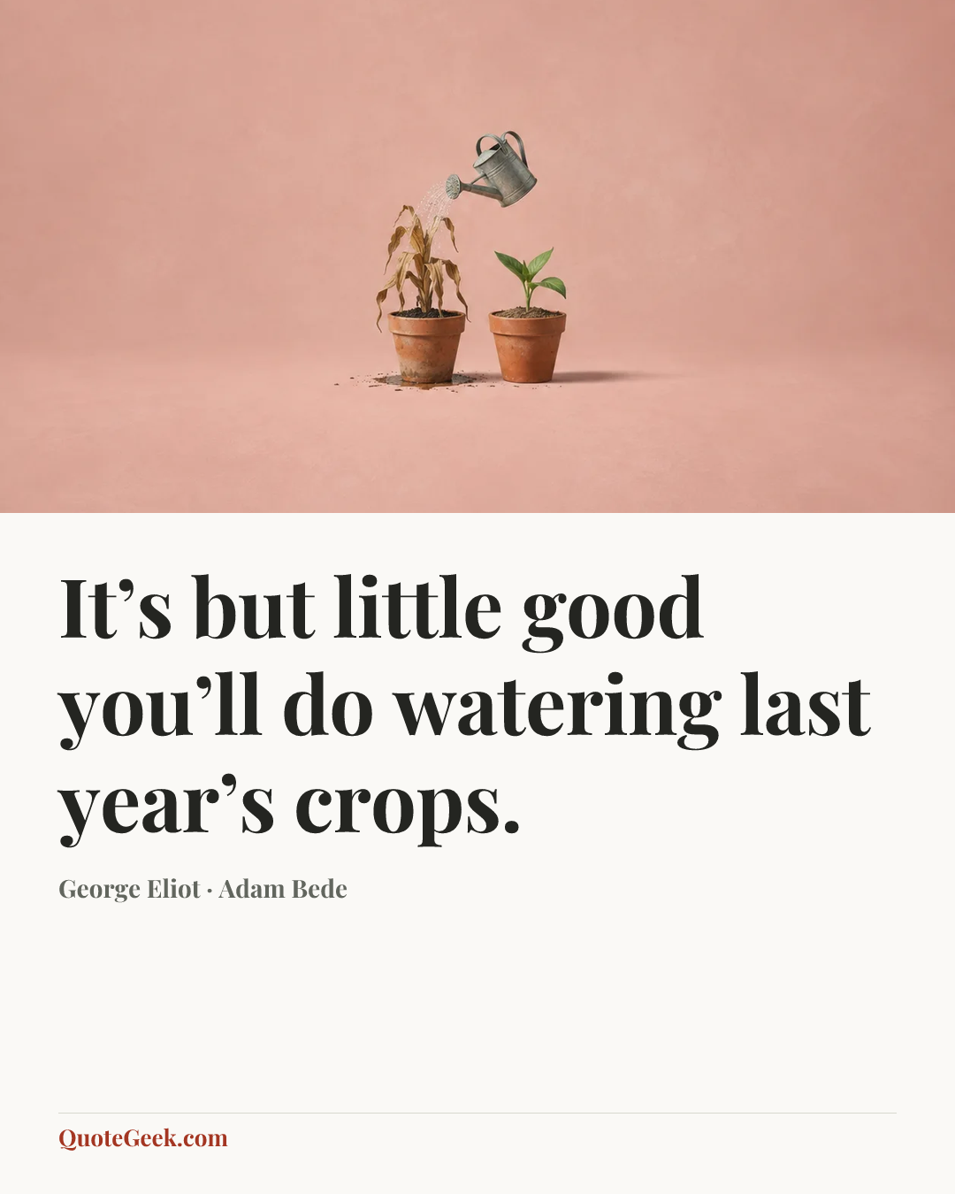 “It’s but little good you’ll do watering last year’s crops.” — George Eliot · Adam Bede. Illustrated QuoteGeek card.