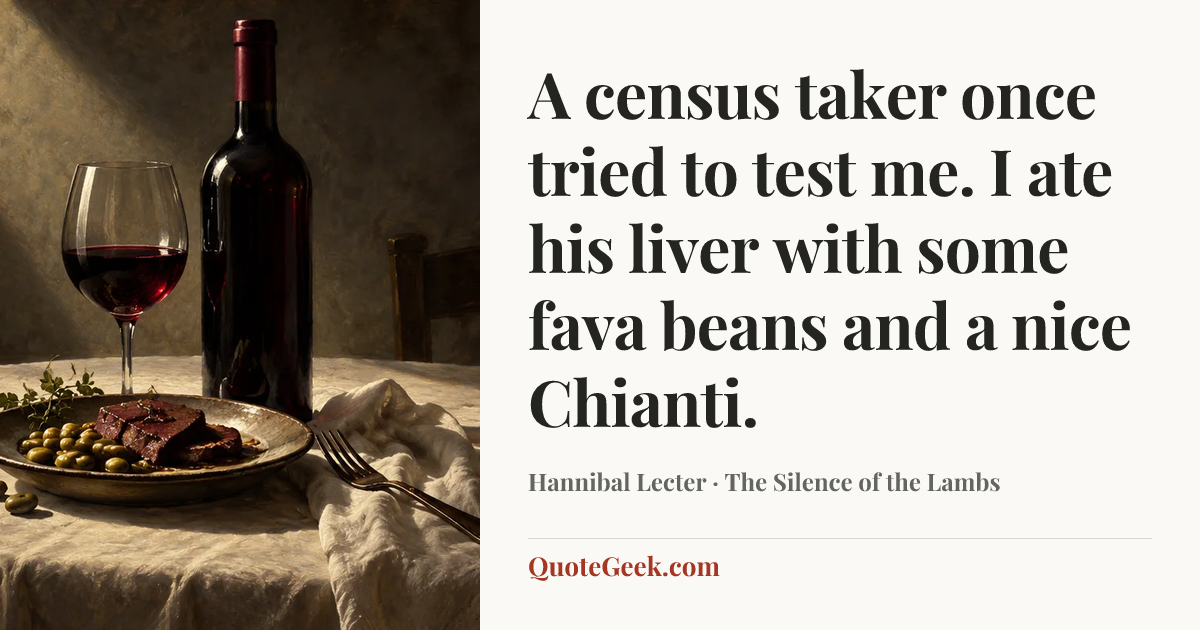 “A census taker once tried to test me. I ate his liver with some fava beans and a nice Chianti.” — Hannibal Lecter · The Silence of the Lambs. Illustrated QuoteGeek card.