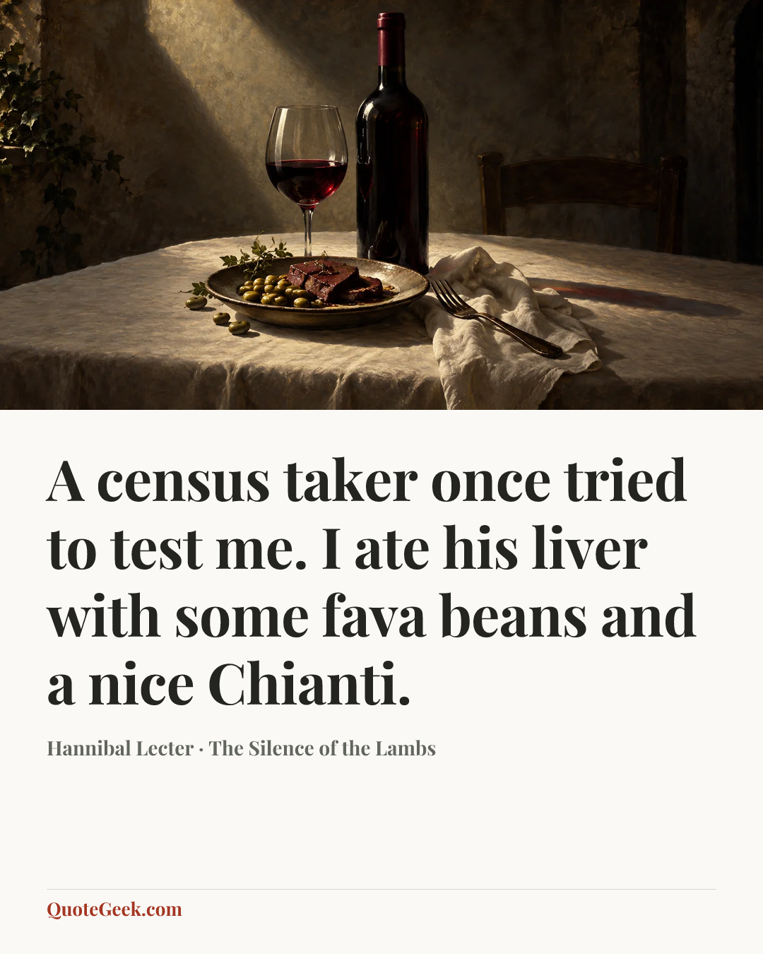 “A census taker once tried to test me. I ate his liver with some fava beans and a nice Chianti.” — Hannibal Lecter · The Silence of the Lambs. Illustrated QuoteGeek card.
