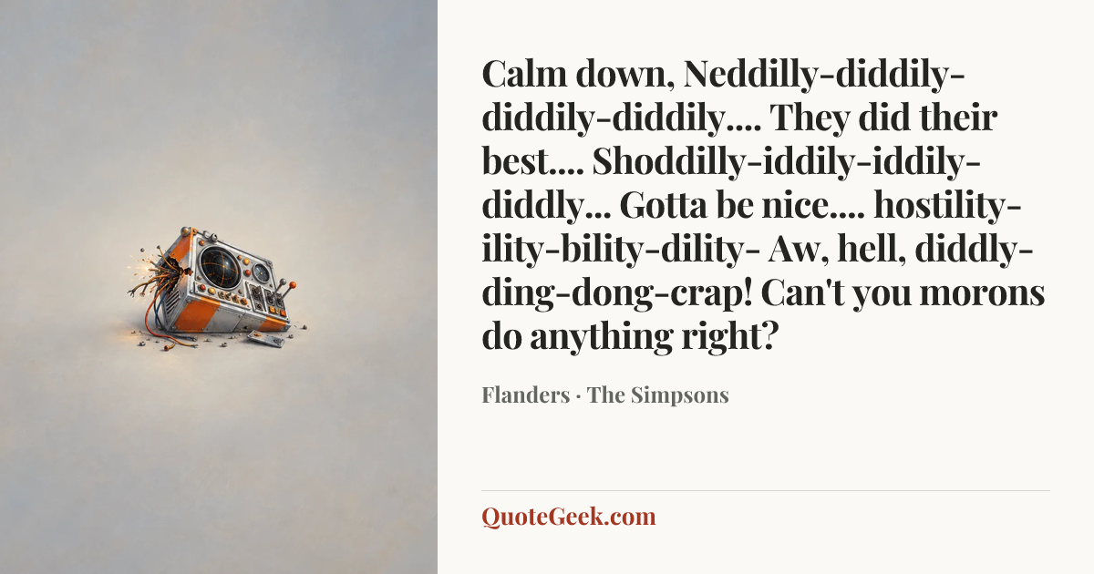 “Calm down, Neddilly-diddily-diddily-diddily.... They did their best.... Shoddilly-iddily-iddily-diddly... Gotta be nice.... hostility-ility-bility-dility- Aw, hell, diddly-ding-dong-crap! Can't you morons do anything right?” — Flanders · The Simpsons. Illustrated QuoteGeek card.