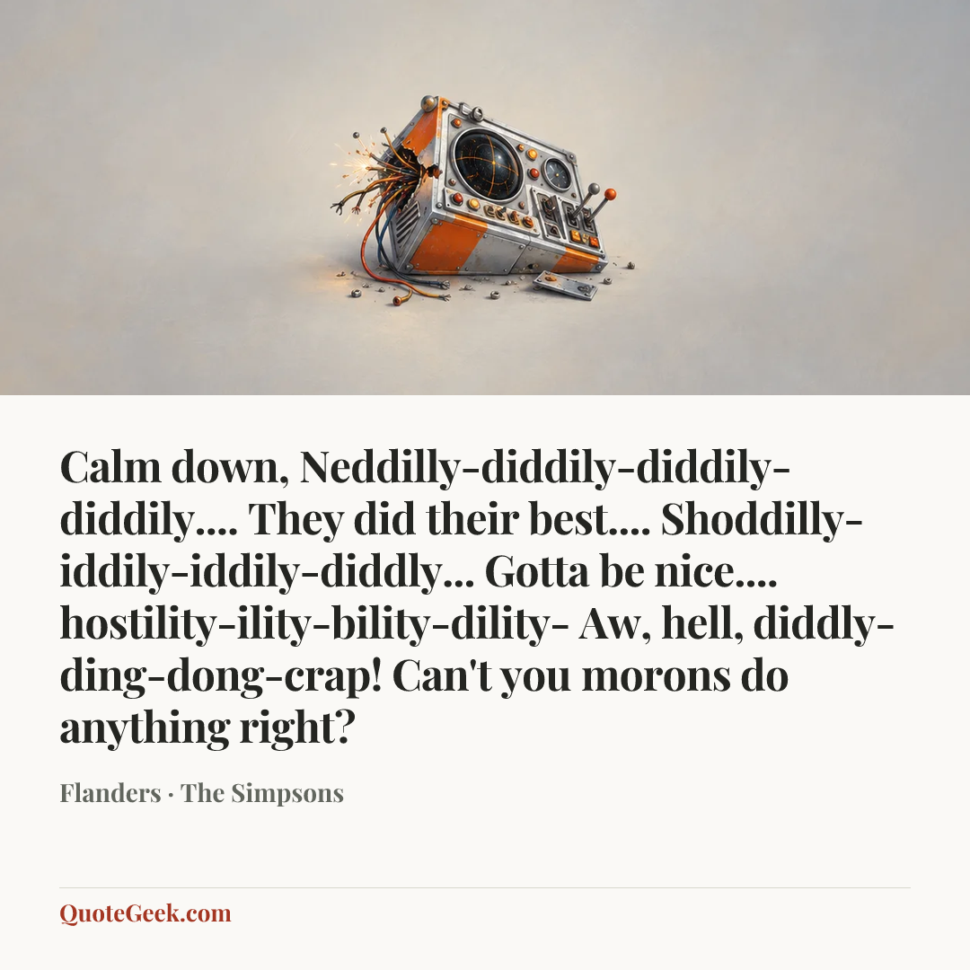“Calm down, Neddilly-diddily-diddily-diddily.... They did their best.... Shoddilly-iddily-iddily-diddly... Gotta be nice.... hostility-ility-bility-dility- Aw, hell, diddly-ding-dong-crap! Can't you morons do anything right?” — Flanders · The Simpsons. Illustrated QuoteGeek card.