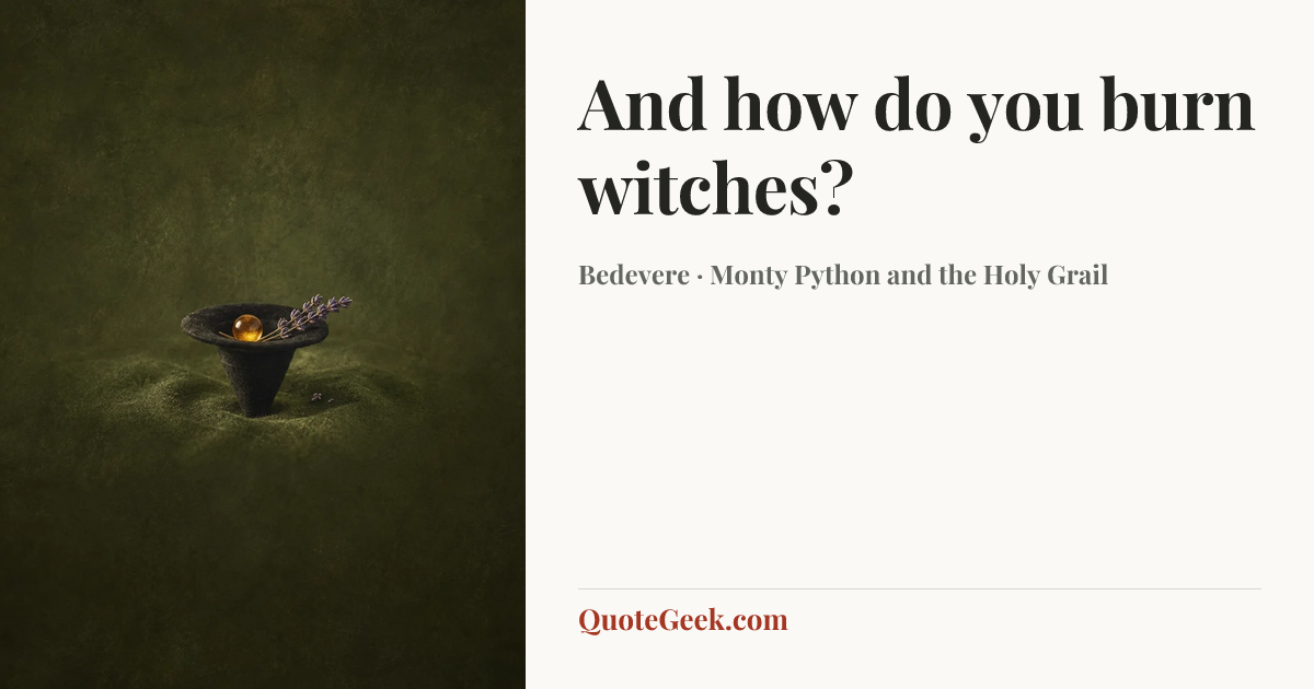 “And how do you burn witches?” — Bedevere · Monty Python and the Holy Grail. Illustrated QuoteGeek card.