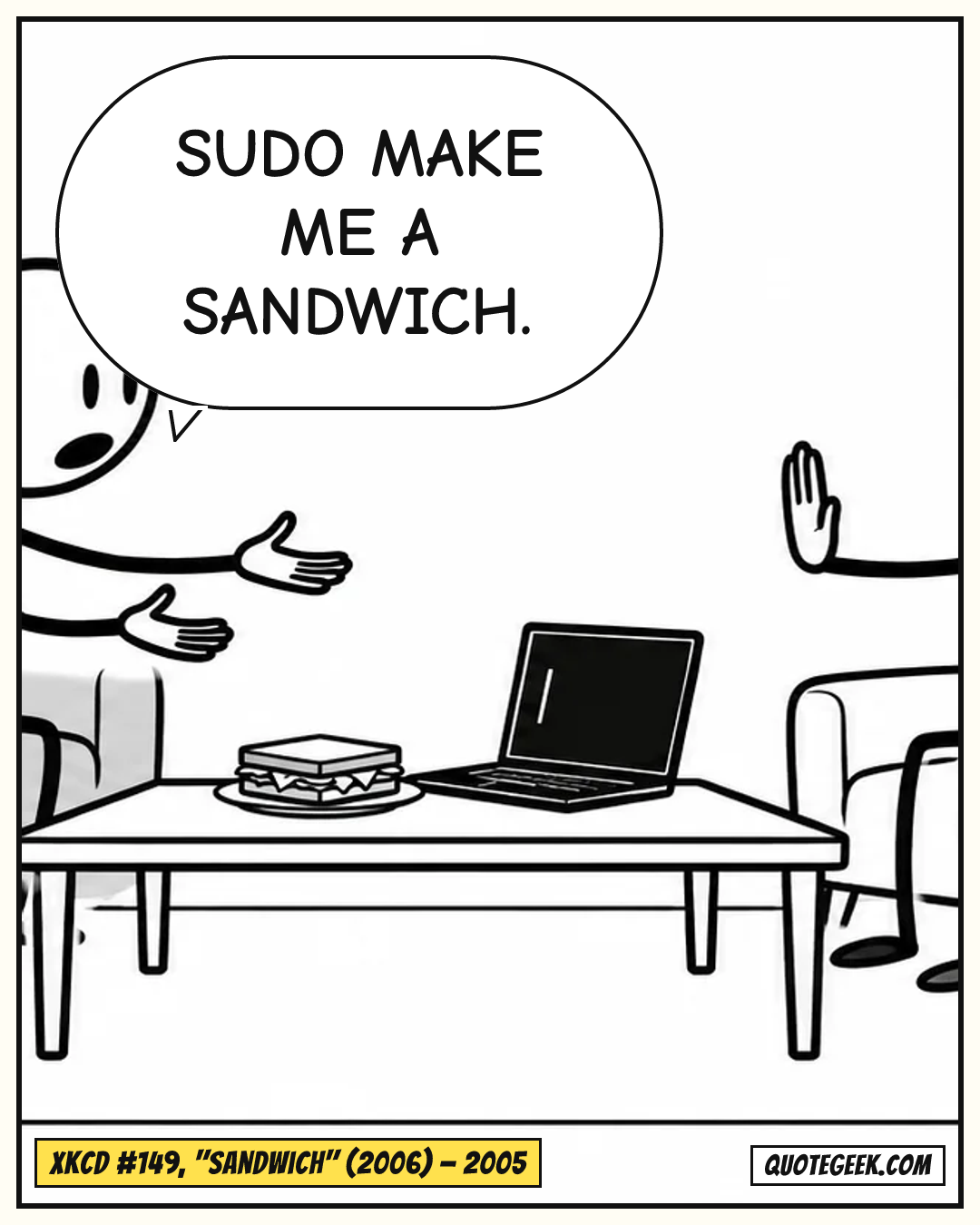 “Sudo make me a sandwich.” — xkcd #149, "Sandwich" (2006) · xkcd. Illustrated QuoteGeek card.
