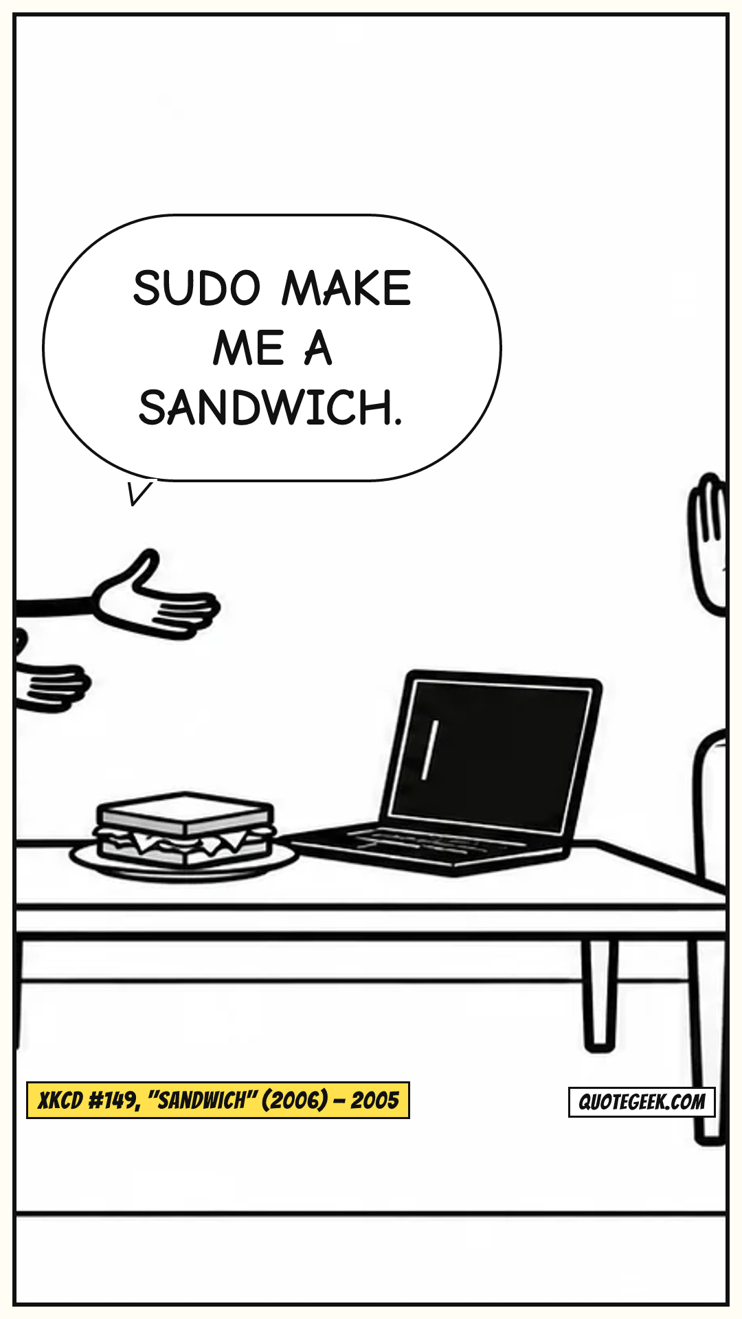 “Sudo make me a sandwich.” — xkcd #149, "Sandwich" (2006) · xkcd. Illustrated QuoteGeek card.