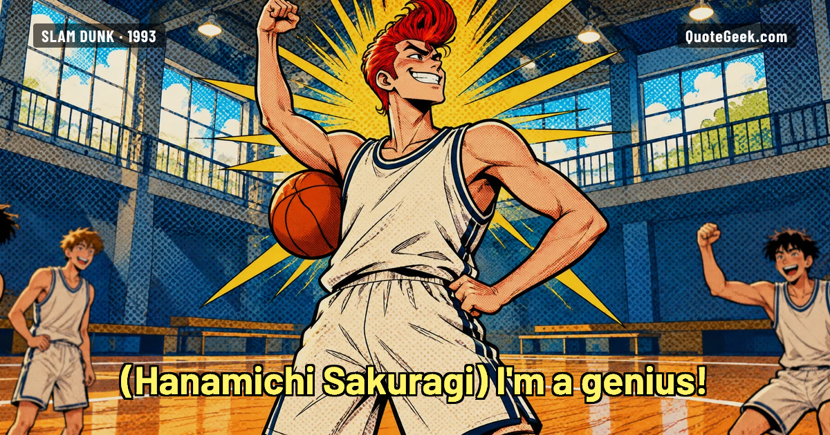“I'm a genius!” — Hanamichi Sakuragi · Slam Dunk. Illustrated QuoteGeek card.