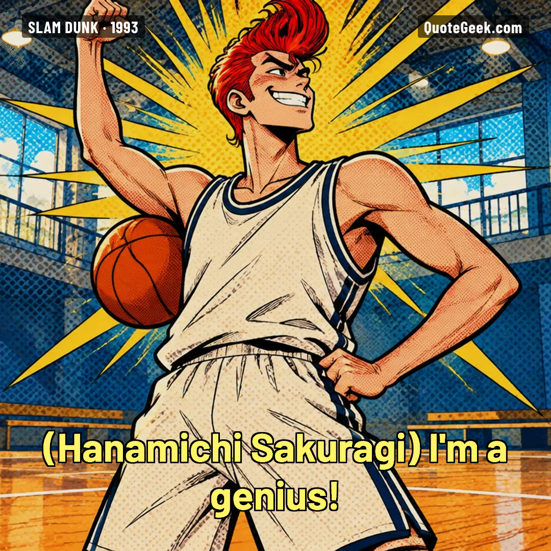“I'm a genius!” — Hanamichi Sakuragi · Slam Dunk. Illustrated QuoteGeek card.