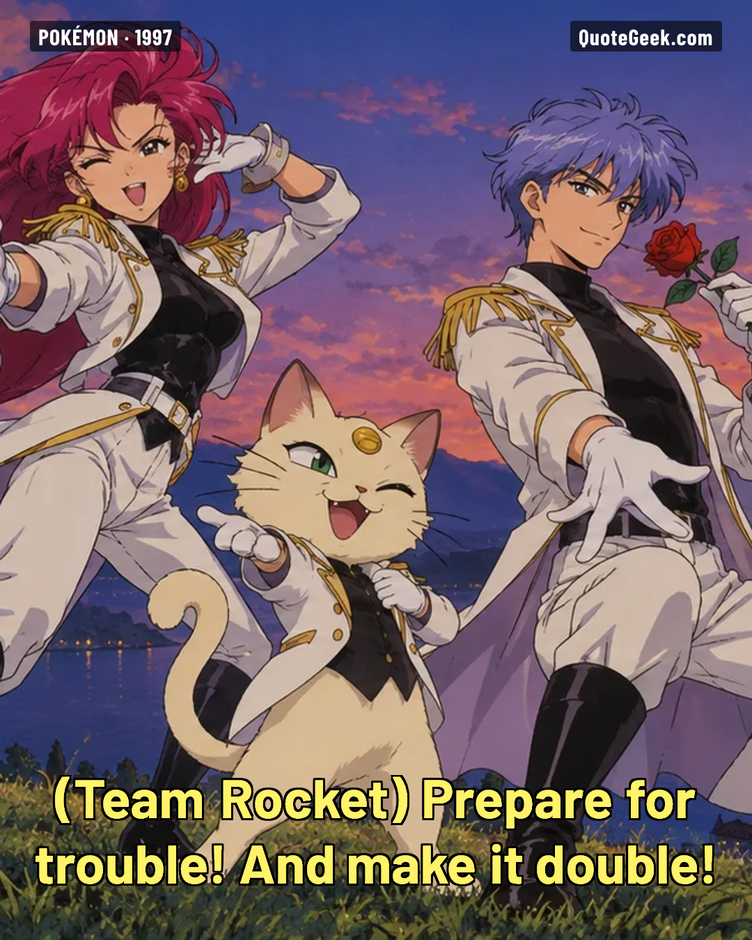 “Prepare for trouble! And make it double!” — Team Rocket · Pokémon. Illustrated QuoteGeek card.