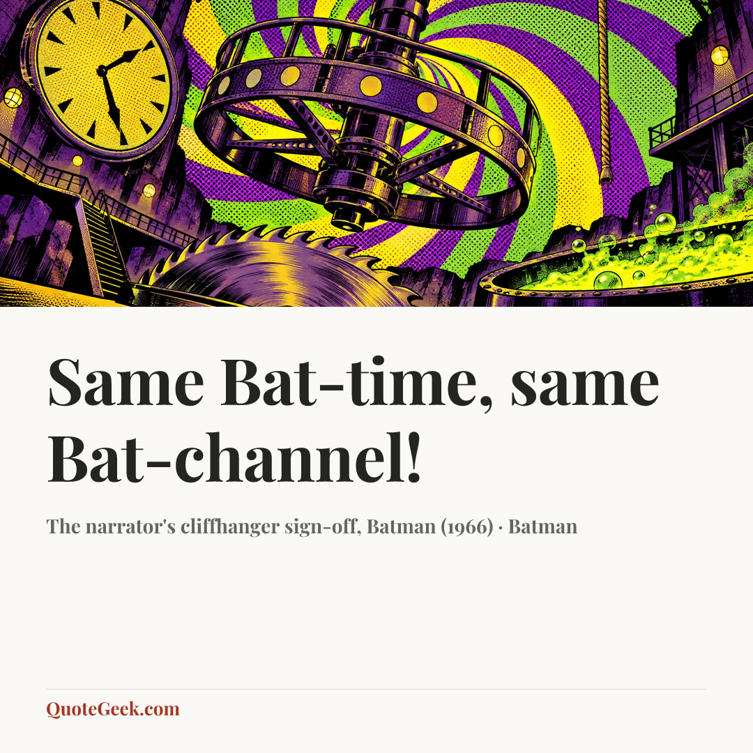 “Same Bat-time, same Bat-channel!” — The narrator's cliffhanger sign-off, Batman (1966) · Batman. Illustrated QuoteGeek card.