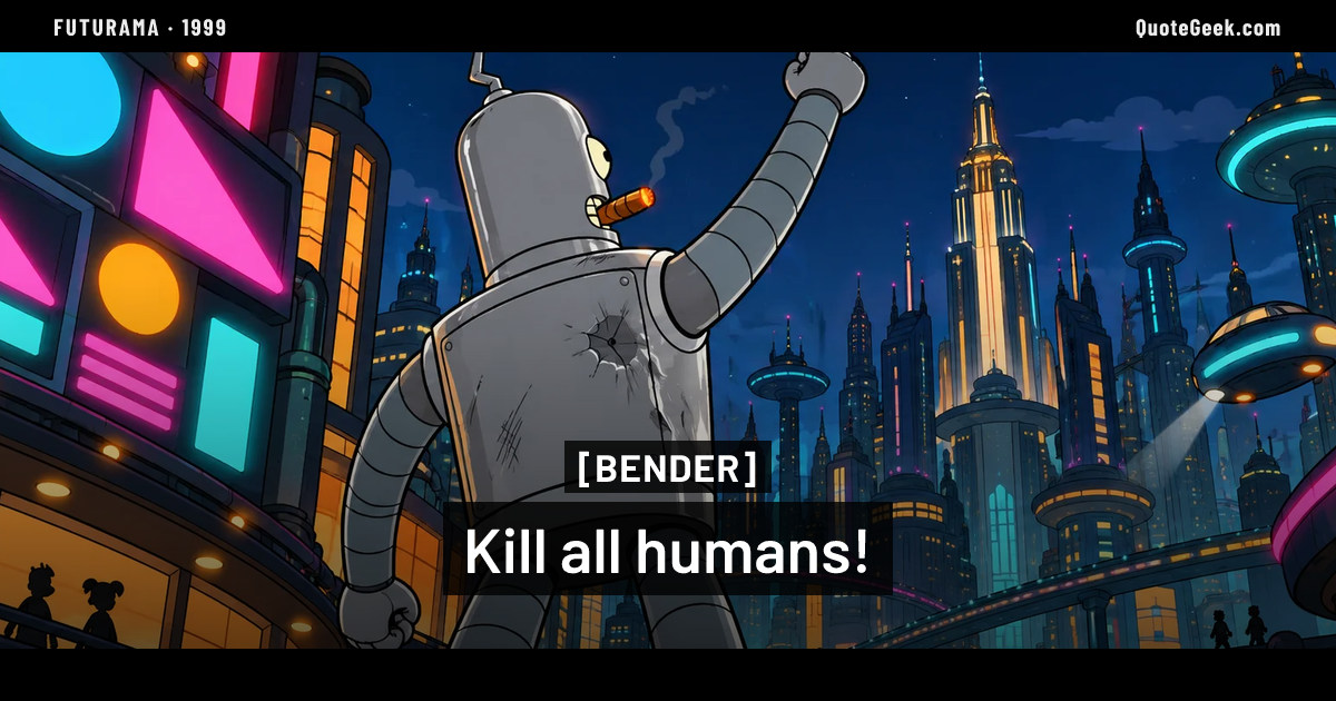 “Kill all humans!” — Bender · Futurama. Illustrated QuoteGeek card.