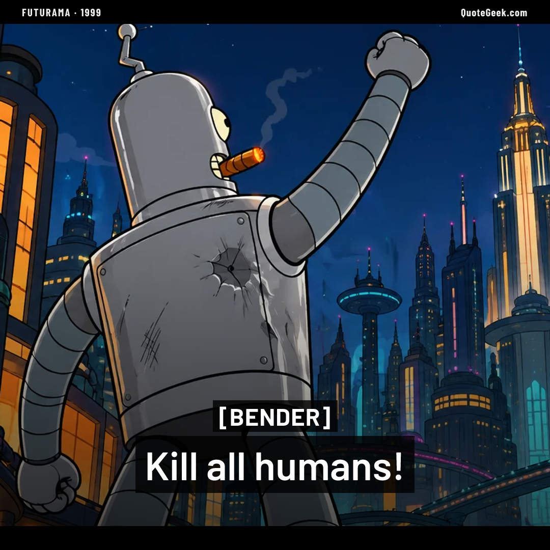“Kill all humans!” — Bender · Futurama. Illustrated QuoteGeek card.