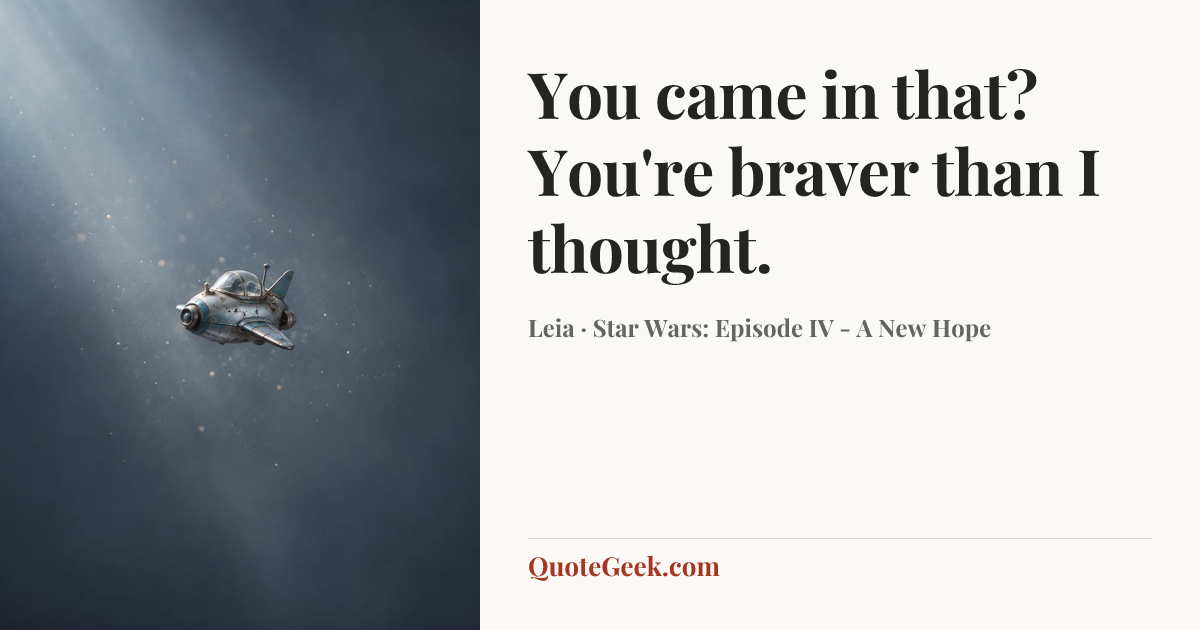 “You came in that? You're braver than I thought.” — Leia · Star Wars: Episode IV - A New Hope. Illustrated QuoteGeek card.