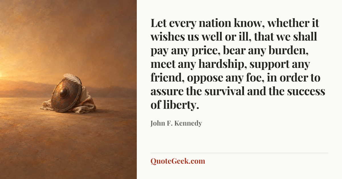 “Let every nation know, whether it wishes us well or ill, that we shall pay any price, bear any burden, meet any hardship, support any friend, oppose any foe, in order to assure the survival and the success of liberty.” — John F. Kennedy. Illustrated QuoteGeek card.