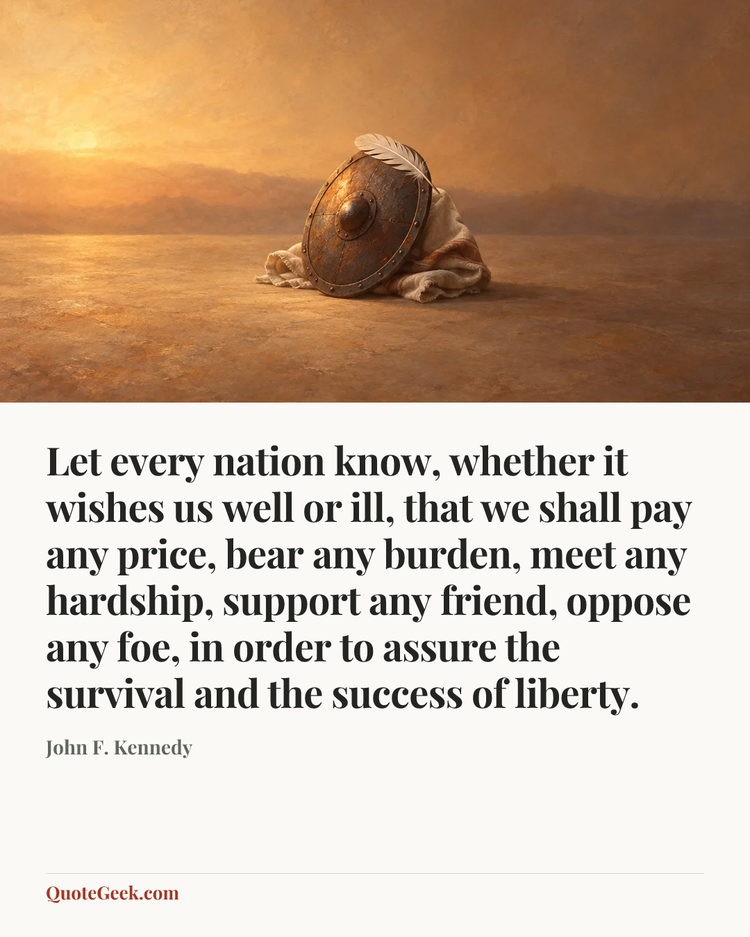 “Let every nation know, whether it wishes us well or ill, that we shall pay any price, bear any burden, meet any hardship, support any friend, oppose any foe, in order to assure the survival and the success of liberty.” — John F. Kennedy. Illustrated QuoteGeek card.