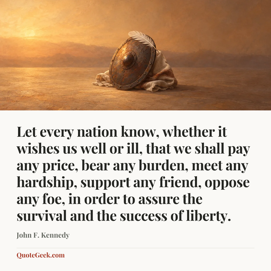 “Let every nation know, whether it wishes us well or ill, that we shall pay any price, bear any burden, meet any hardship, support any friend, oppose any foe, in order to assure the survival and the success of liberty.” — John F. Kennedy. Illustrated QuoteGeek card.