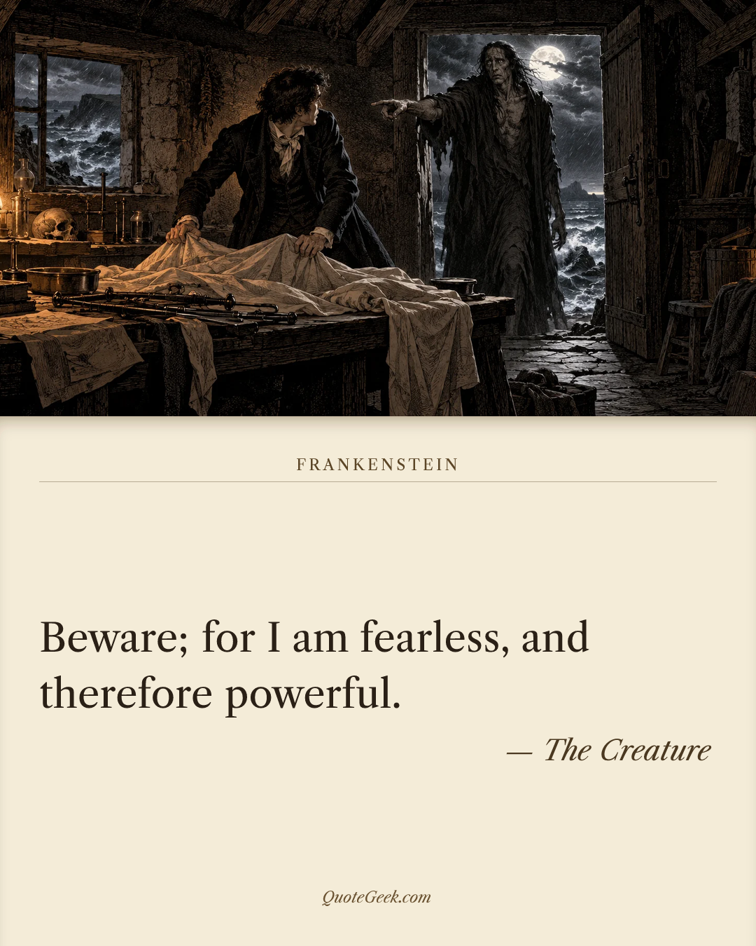 “Beware; for I am fearless, and therefore powerful.” — The Creature · Frankenstein. Illustrated QuoteGeek card.