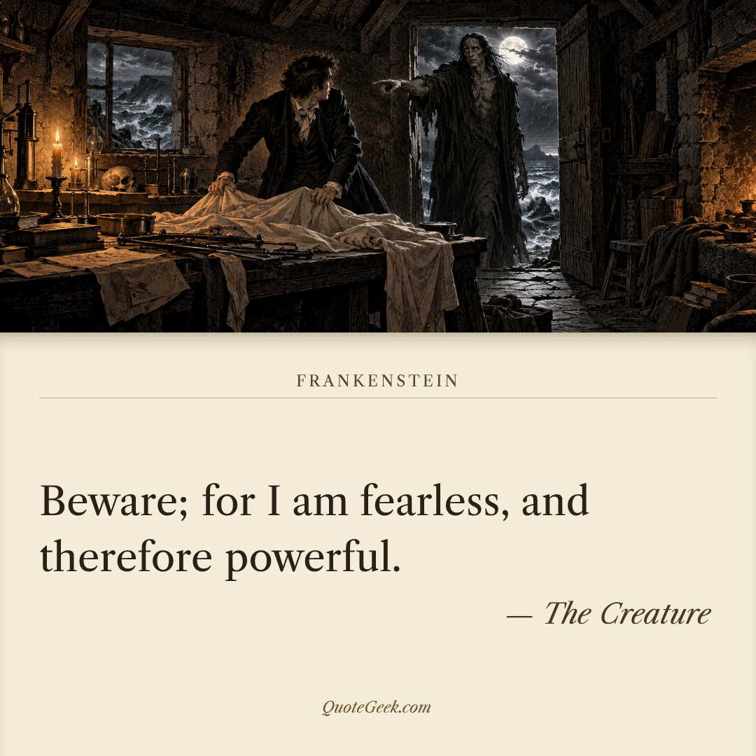 “Beware; for I am fearless, and therefore powerful.” — The Creature · Frankenstein. Illustrated QuoteGeek card.