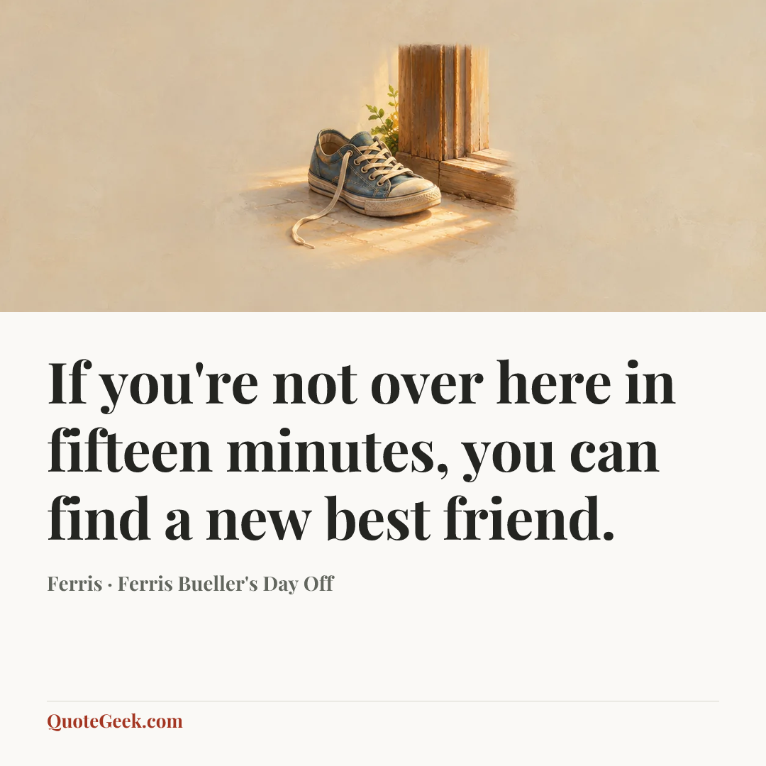 “If you're not over here in fifteen minutes, you can find a new best friend.” — Ferris · Ferris Bueller's Day Off. Illustrated QuoteGeek card.