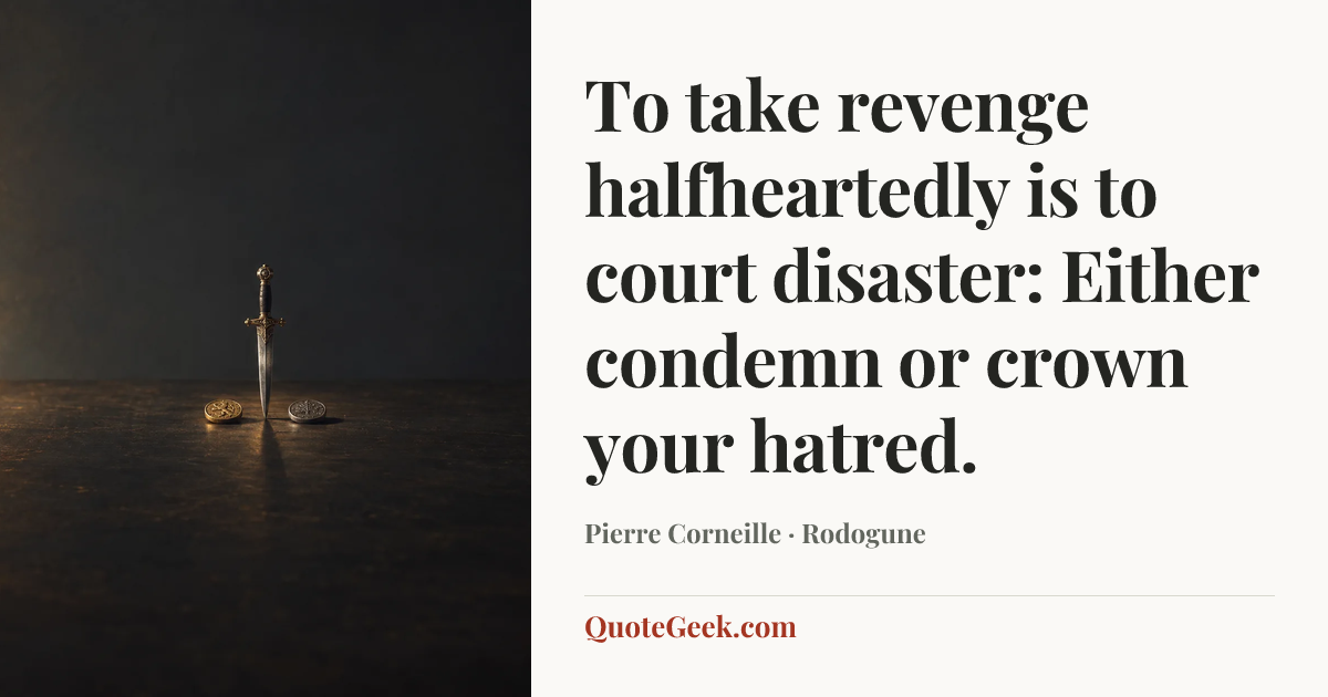 “To take revenge halfheartedly is to court disaster: Either condemn or crown your hatred.” — Pierre Corneille · Rodogune. Illustrated QuoteGeek card.