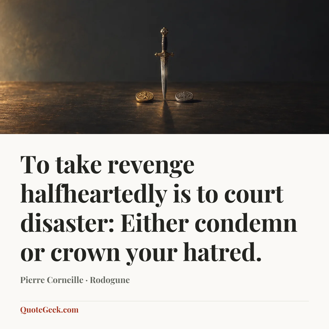 “To take revenge halfheartedly is to court disaster: Either condemn or crown your hatred.” — Pierre Corneille · Rodogune. Illustrated QuoteGeek card.