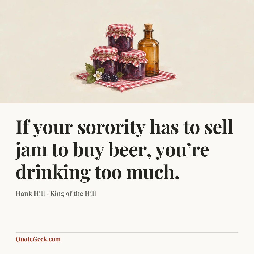 “If your sorority has to sell jam to buy beer, you’re drinking too much.” — Hank Hill · King of the Hill. Illustrated QuoteGeek card.