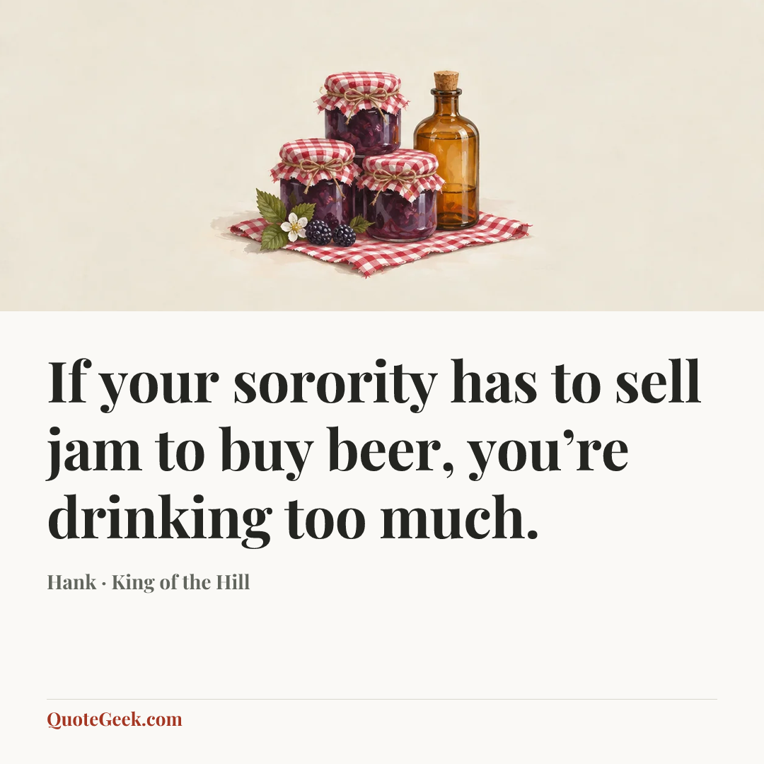 “If your sorority has to sell jam to buy beer, you’re drinking too much.” — Hank · King of the Hill. Illustrated QuoteGeek card.