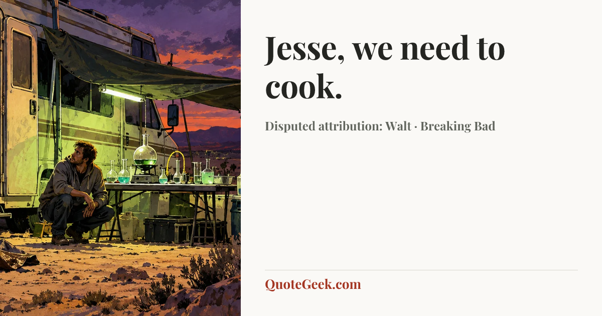 “Jesse, we need to cook.” — Disputed attribution: Walt · Breaking Bad. Illustrated QuoteGeek card.