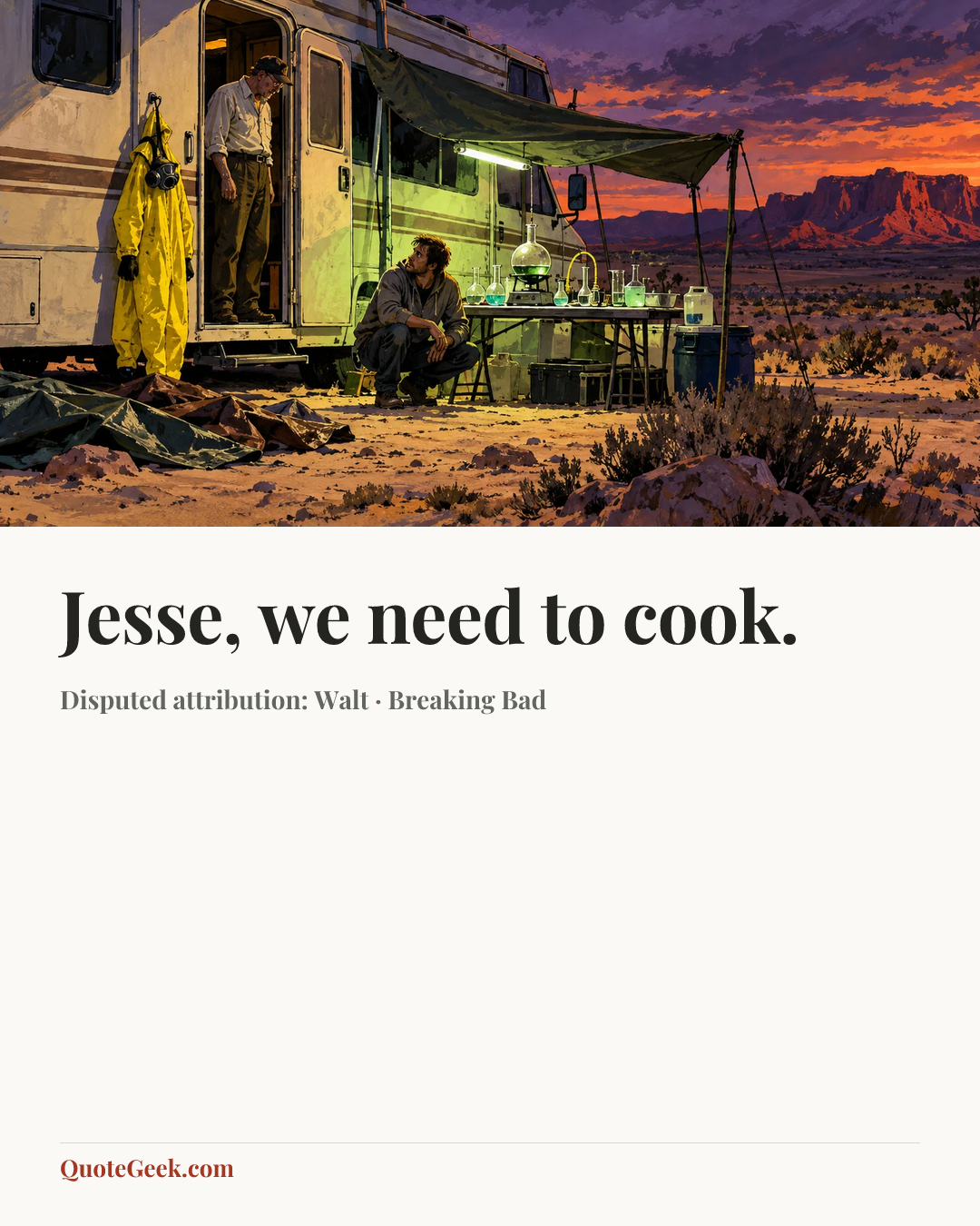 “Jesse, we need to cook.” — Disputed attribution: Walt · Breaking Bad. Illustrated QuoteGeek card.