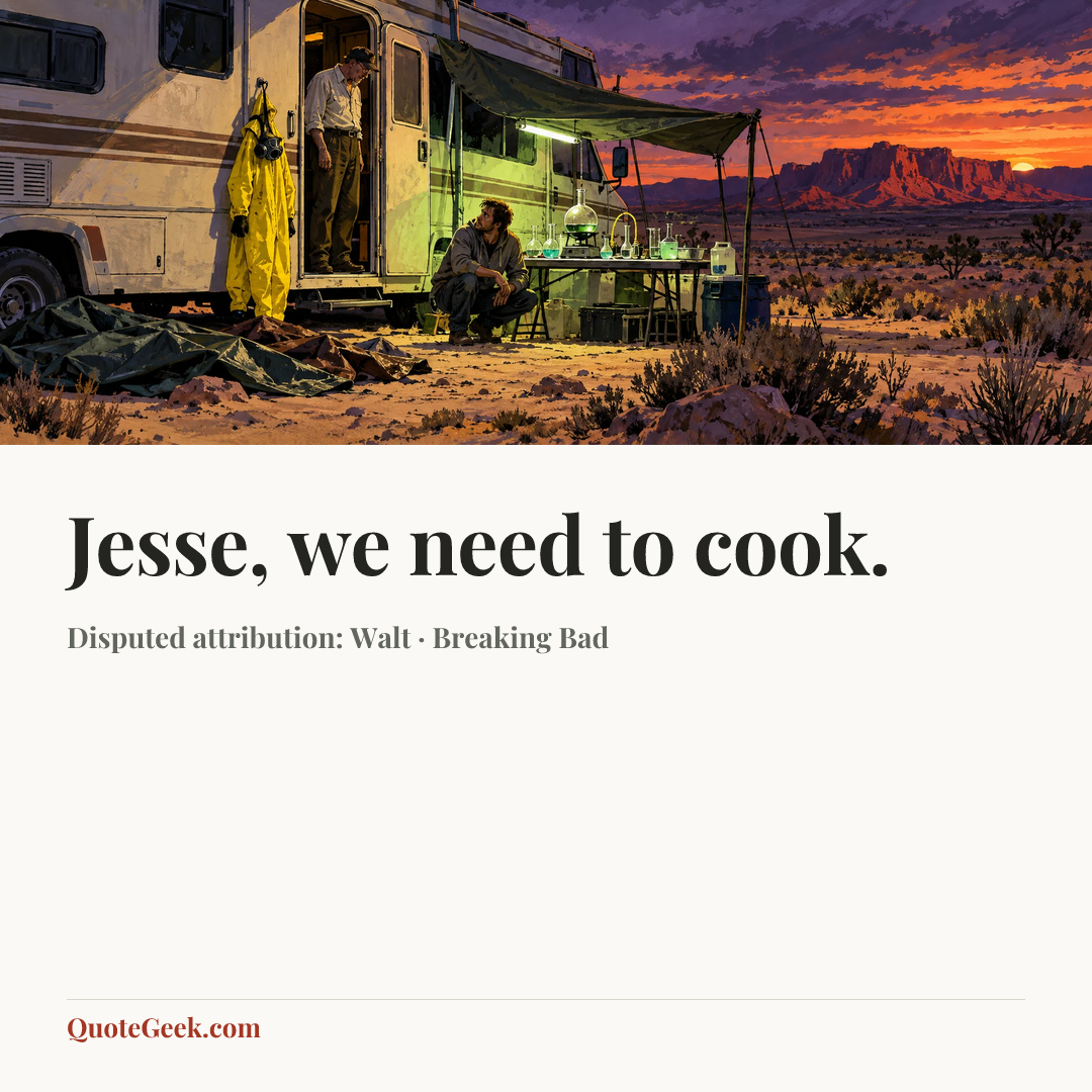 “Jesse, we need to cook.” — Disputed attribution: Walt · Breaking Bad. Illustrated QuoteGeek card.