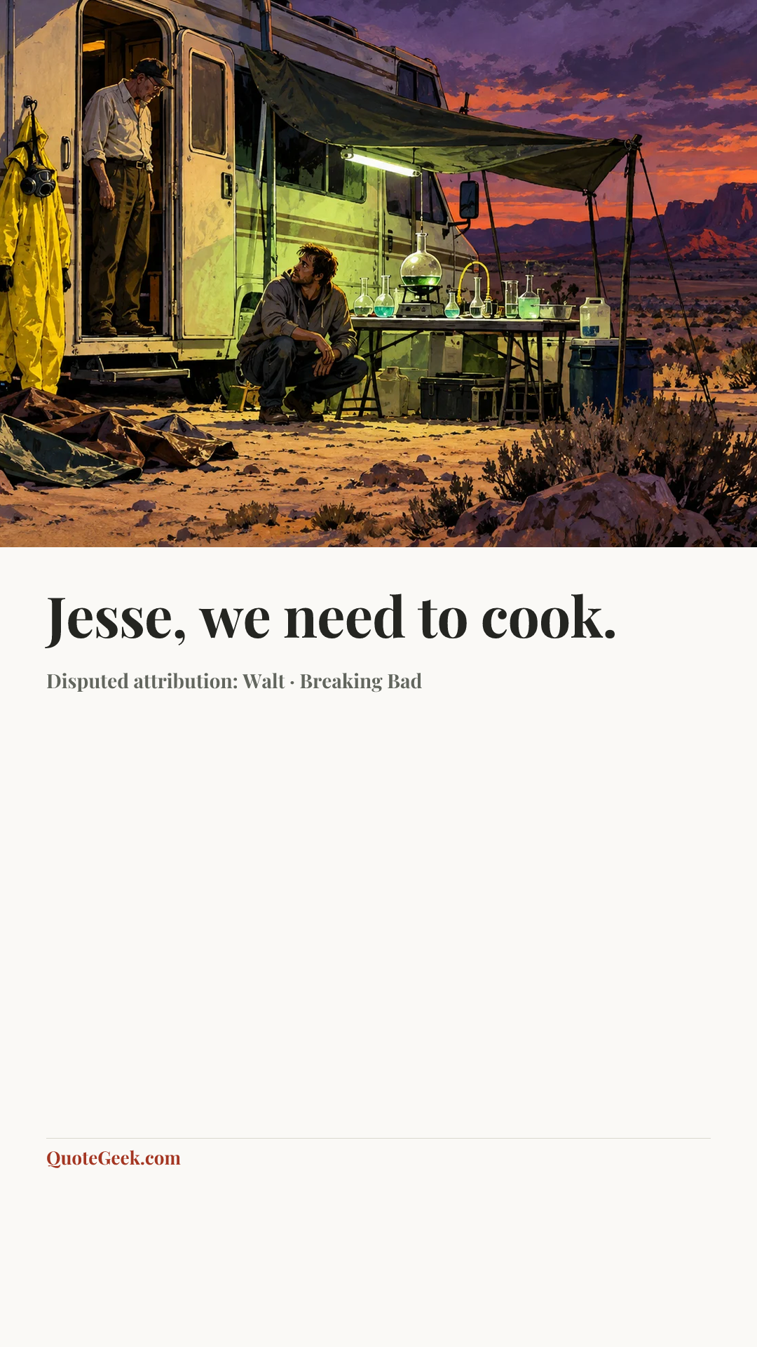 “Jesse, we need to cook.” — Disputed attribution: Walt · Breaking Bad. Illustrated QuoteGeek card.