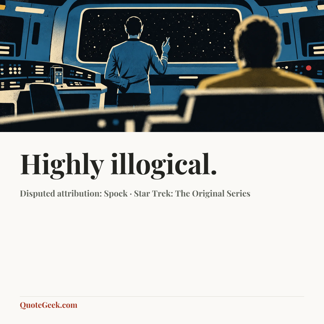 “Highly illogical.” — Disputed attribution: Spock · Star Trek: The Original Series. Illustrated QuoteGeek card.