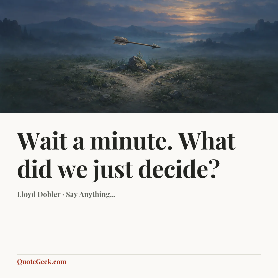 “Wait a minute. What did we just decide?” — Lloyd Dobler · Say Anything.... Illustrated QuoteGeek card.