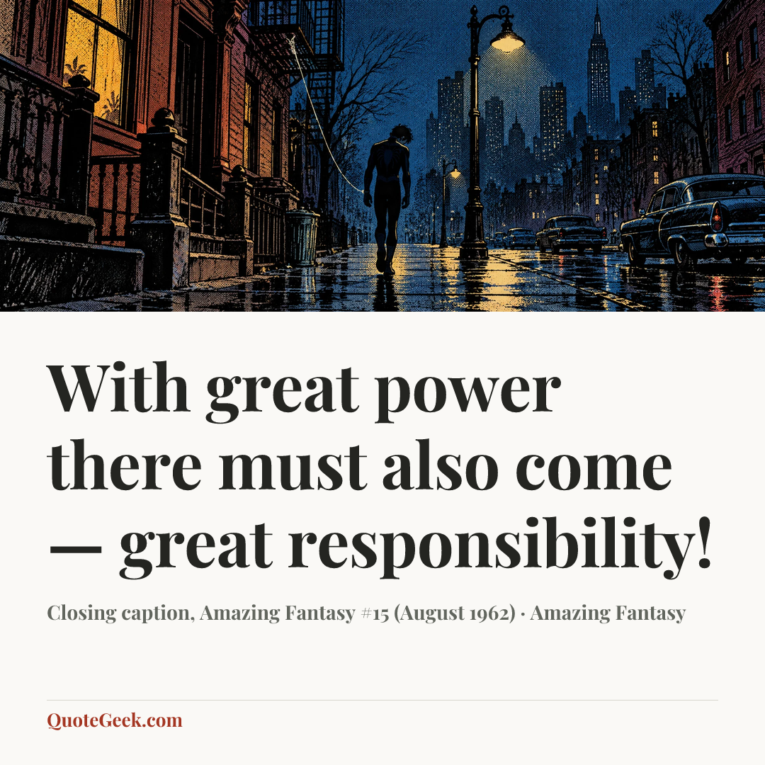 “With great power there must also come — great responsibility!” — Closing caption, Amazing Fantasy #15 (August 1962) · Amazing Fantasy. Illustrated QuoteGeek card.