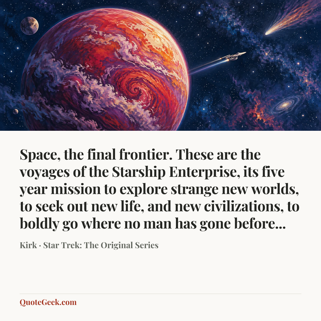 “Space, the final frontier. These are the voyages of the Starship Enterprise, its five year mission to explore strange new worlds, to seek out new life, and new civilizations, to boldly go where no man has gone before...” — Kirk · Star Trek: The Original Series. Illustrated QuoteGeek card.
