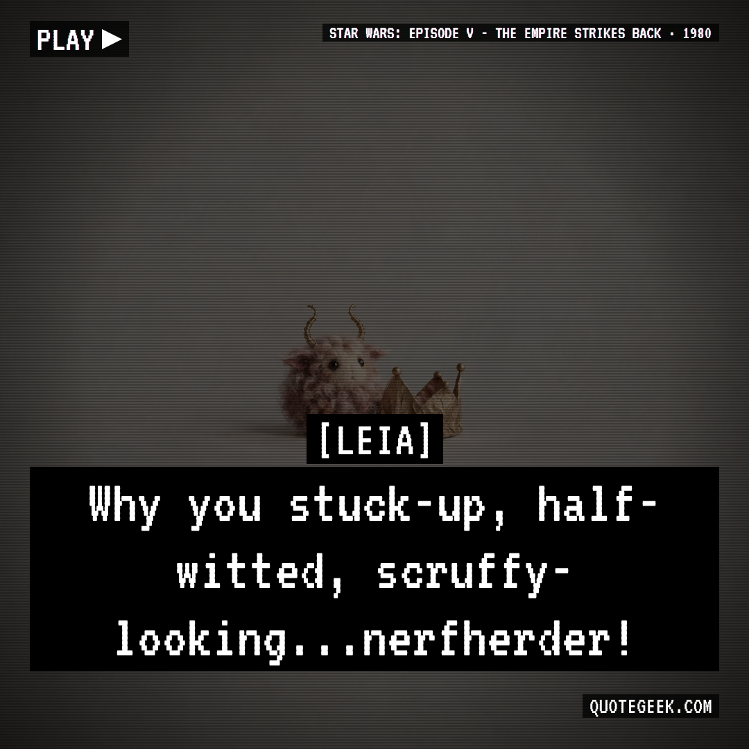 “Why you stuck-up, half-witted, scruffy-looking...nerfherder!” — Leia · Star Wars: Episode V - The Empire Strikes Back. Illustrated QuoteGeek card.
