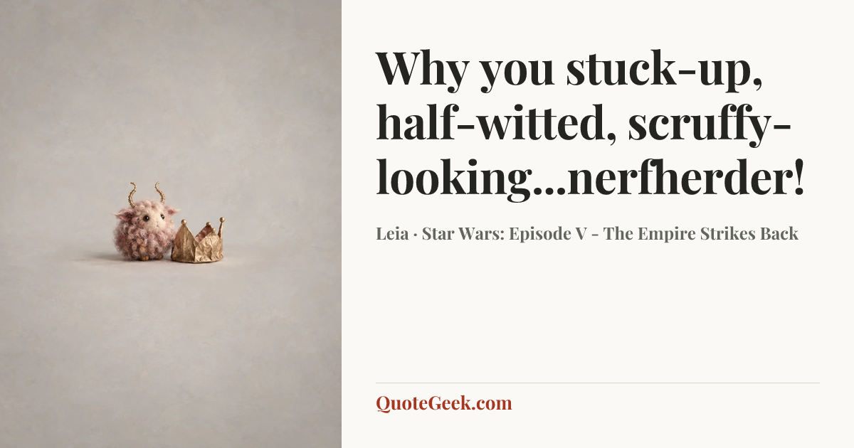 “Why you stuck-up, half-witted, scruffy-looking...nerfherder!” — Leia · Star Wars: Episode V - The Empire Strikes Back. Illustrated QuoteGeek card.