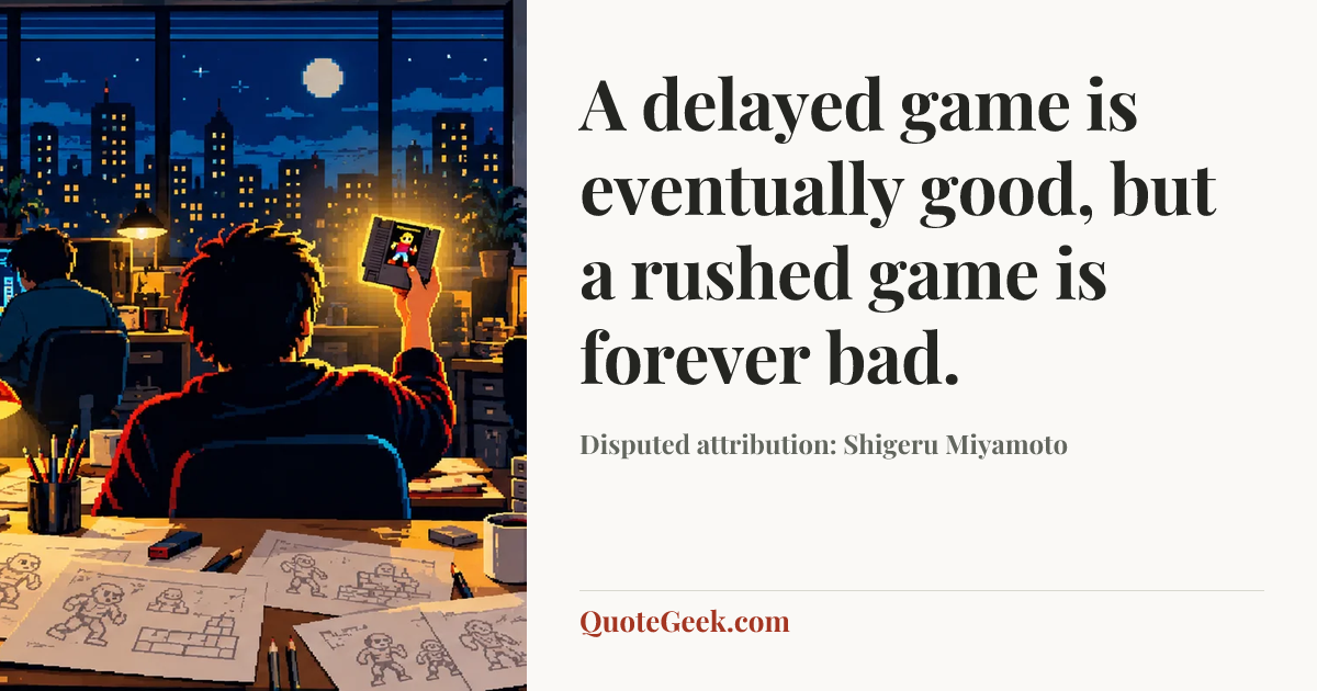 “A delayed game is eventually good, but a rushed game is forever bad.” — Disputed attribution: Shigeru Miyamoto. Illustrated QuoteGeek card.