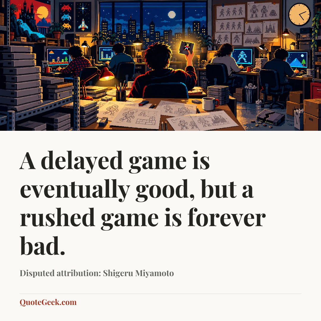 “A delayed game is eventually good, but a rushed game is forever bad.” — Disputed attribution: Shigeru Miyamoto. Illustrated QuoteGeek card.