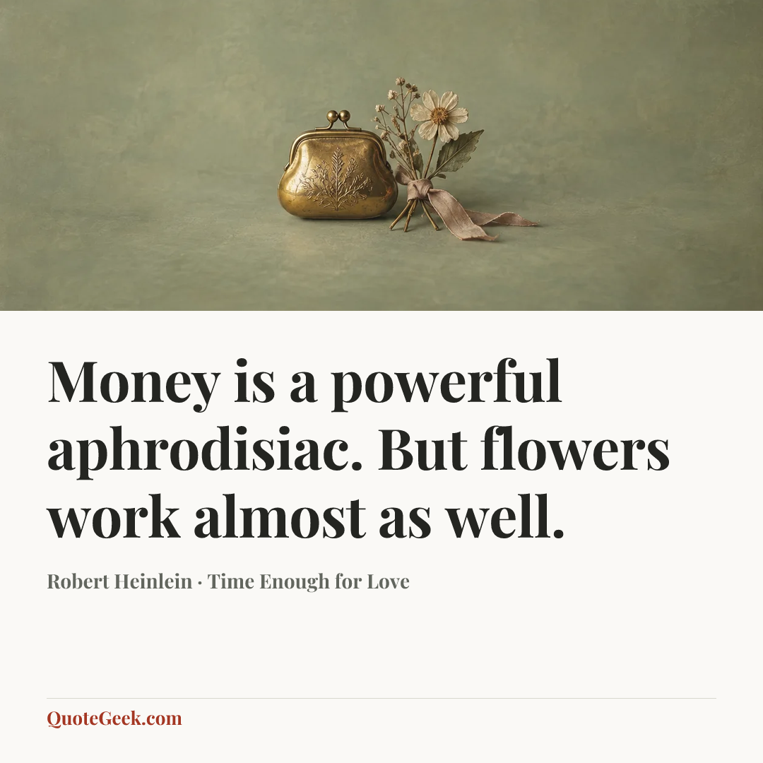 “Money is a powerful aphrodisiac. But flowers work almost as well.” — Robert Heinlein · Time Enough for Love. Illustrated QuoteGeek card.