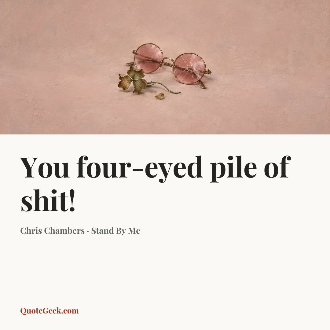 “You four-eyed pile of shit!” — Chris Chambers · Stand By Me. Illustrated QuoteGeek card.